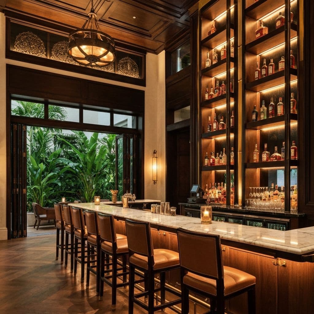 The elegant bar area at Jose Enrique restaurant with warm ambient lighting